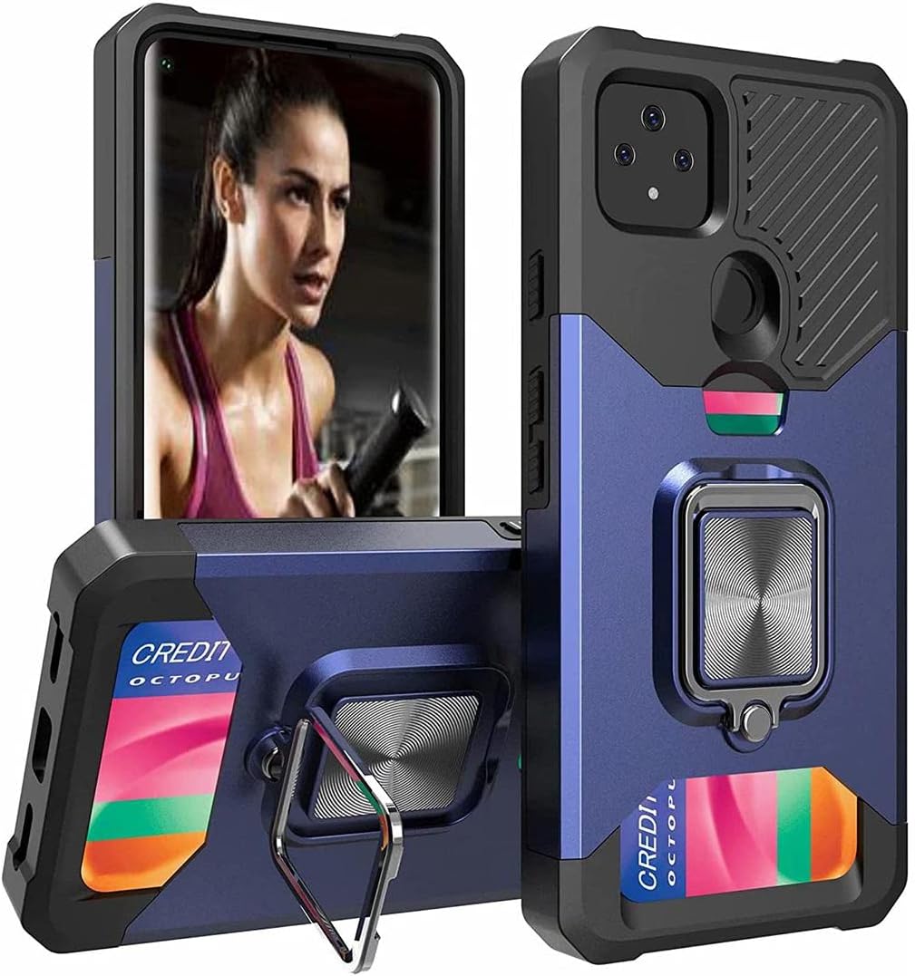 Rome Tech Cell Phone Case for Google Pixel 5a 5G [NOT for Pixel 5a] Heavy Duty Armor Protective Cover with Kickstand - Military Grade Case with Card Holder Wallet - Blue