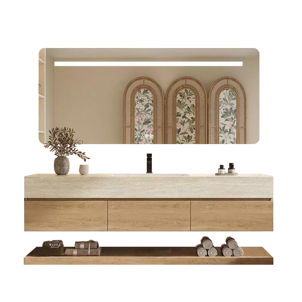 Generisch Set di lavandini da parete in pietra sinterizzata, effetto travertino, con specchio, mobiletto inferiore, ripiano e scarico, con foro per rubinetto, RW9865 (140 x 55 cm)
