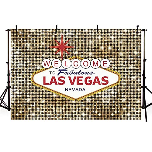 MEHOFOND 2,1x1,5 m Toile de Fond Vintage dorée Ronde à Paillettes pour Photographie Bienvenue à la Fête de Las Vegas. Merveilleux Casino Poker rétro Paillettes arrière - Plan Photographique Bannière