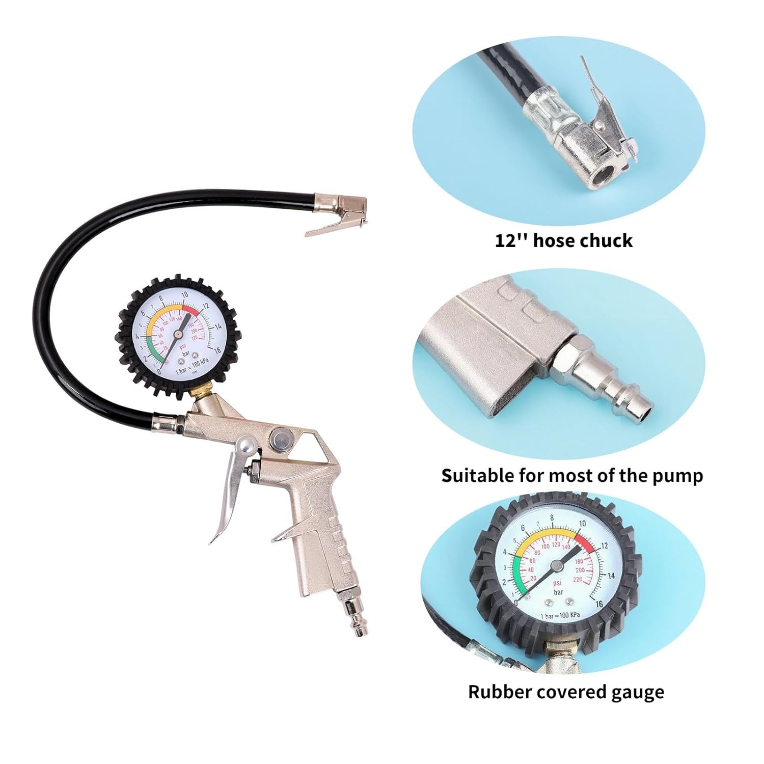 Tire Pressure Gauge with Inflator, 0-220PSI Dial Wheel Air Tire Pressure Gauge with Rubber Hose, Compatible with Air Pump Compressor for Cars Motorcycle Bike
