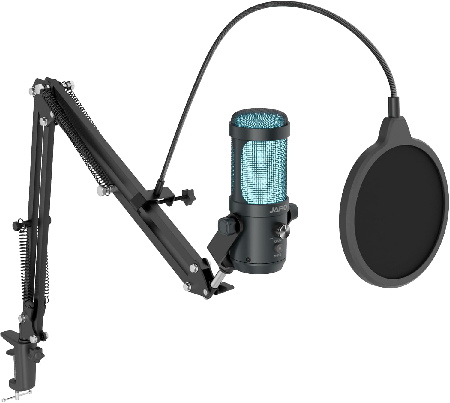 JARO USB Podcast Microphone with Boom Arm, Studio Condenser Mic with Real-Time Monitoring, Mute, Volume Control Ideal for Voice & Singing (Dark Black)