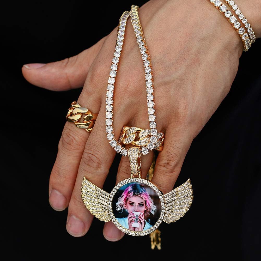 Angel Wings Necklace With Picture Inside Custom Picture Necklace Personalized Photo Pendant For Men Women 18K Gold Plated Customized Memorial Chains CZ Silver Diamond Rip Necklaces Birthday Gifts