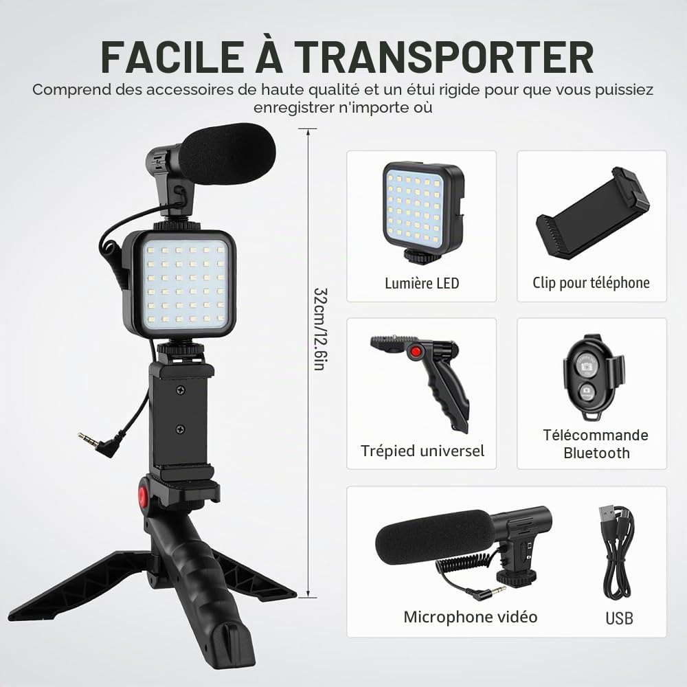 Kit complet de vlogging pour iPhone et Android : kit de démarrage YouTube avec microphone, lumière LED, trépied, télécommande – Perfect Studio Creator Video Maker pour YouTube, Instagram, Facebook
