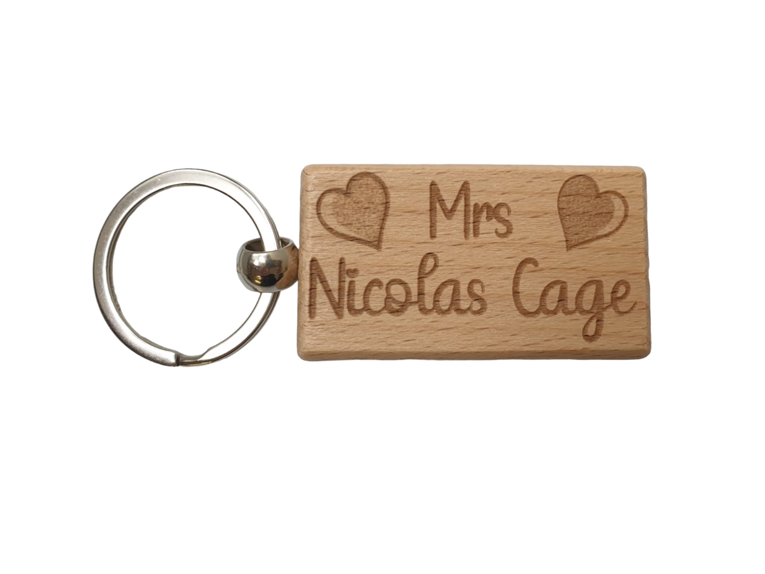 Decalarama Brown Mrs Nicolas Cage Keyring Gift - Engraved Wooden Movie Fan Birthday Fun Cute Novelty Present