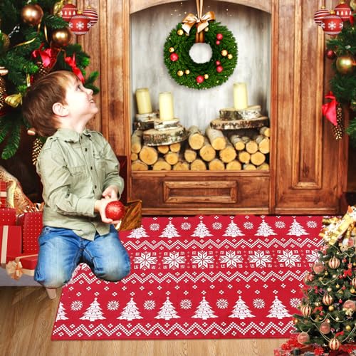 Boho Door Mat Christmas Area Rug Low-Pile Rug Non-Shedding Rugs Xmas Tree Bathroom Rug Bedroom Bedroom Area Rug, 2' x 3', Red/White
