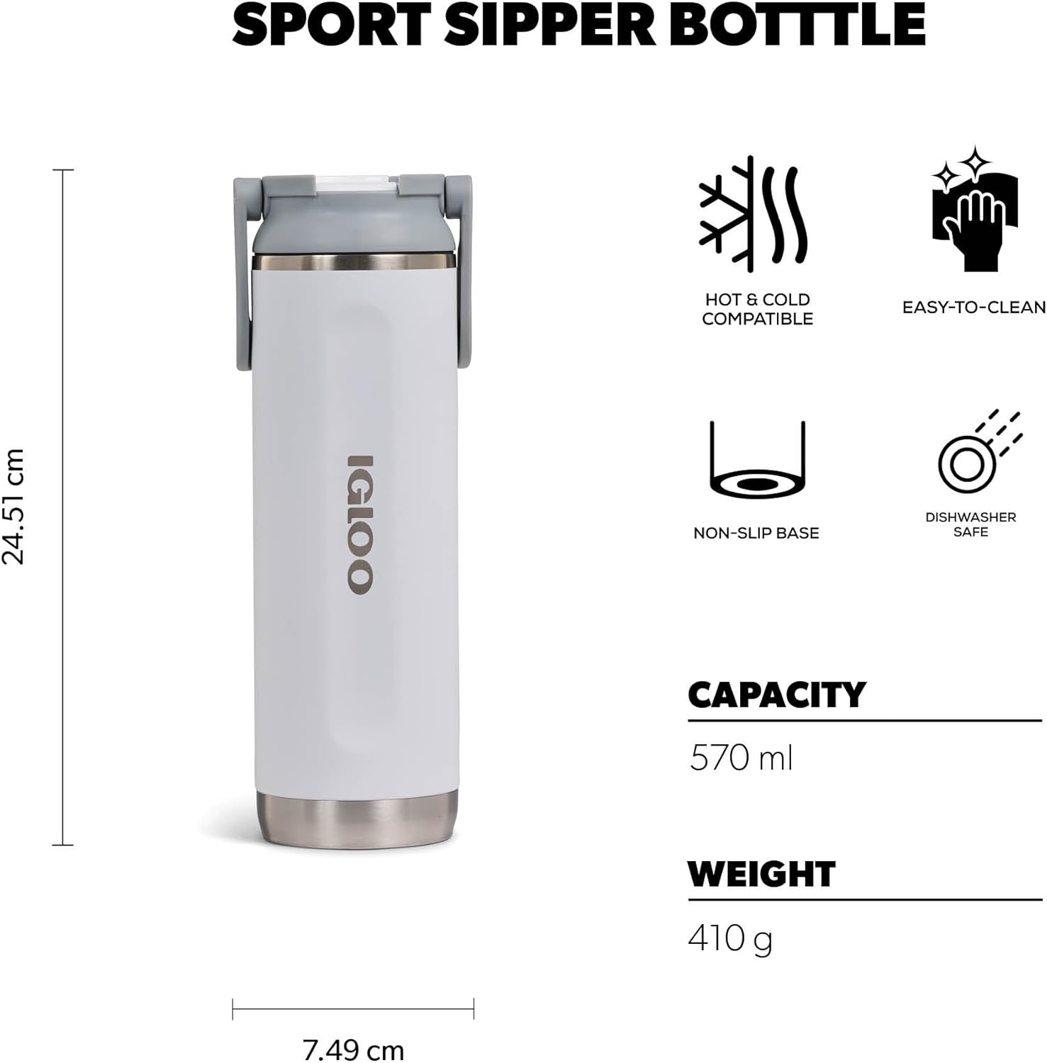 IGLOO Sipper 20 Thermal Flask - Stainless Steel Water Bottle 570ml Insulated & Leak-Proof Carbonated White - BPA Free for Hot & Cold Drinks