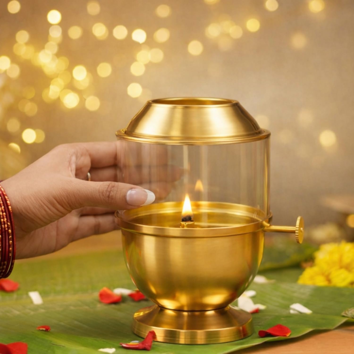 ServDharm Oil Lamp Brass I Akhand Jyoti Diya with Borosilicate Glass and Adjustable Wicks for Puja and Festive Gifting | Long Lasting Oil Lamp with 48 Hours Burn Time (8.5 fl oz), 2 Wicks Included
