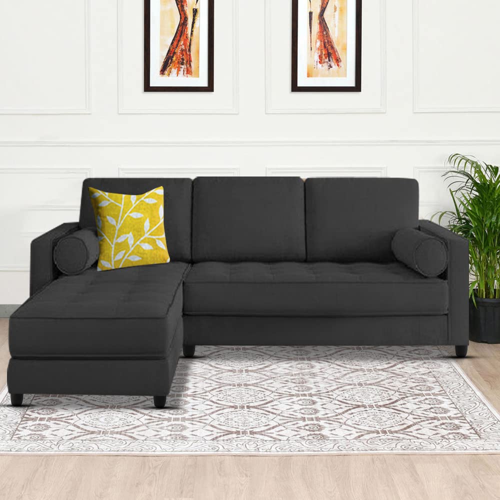 GRAPEWOOD Tinta 4 Seater LHS L Shape Sofa Set for Living Room | Color - Black