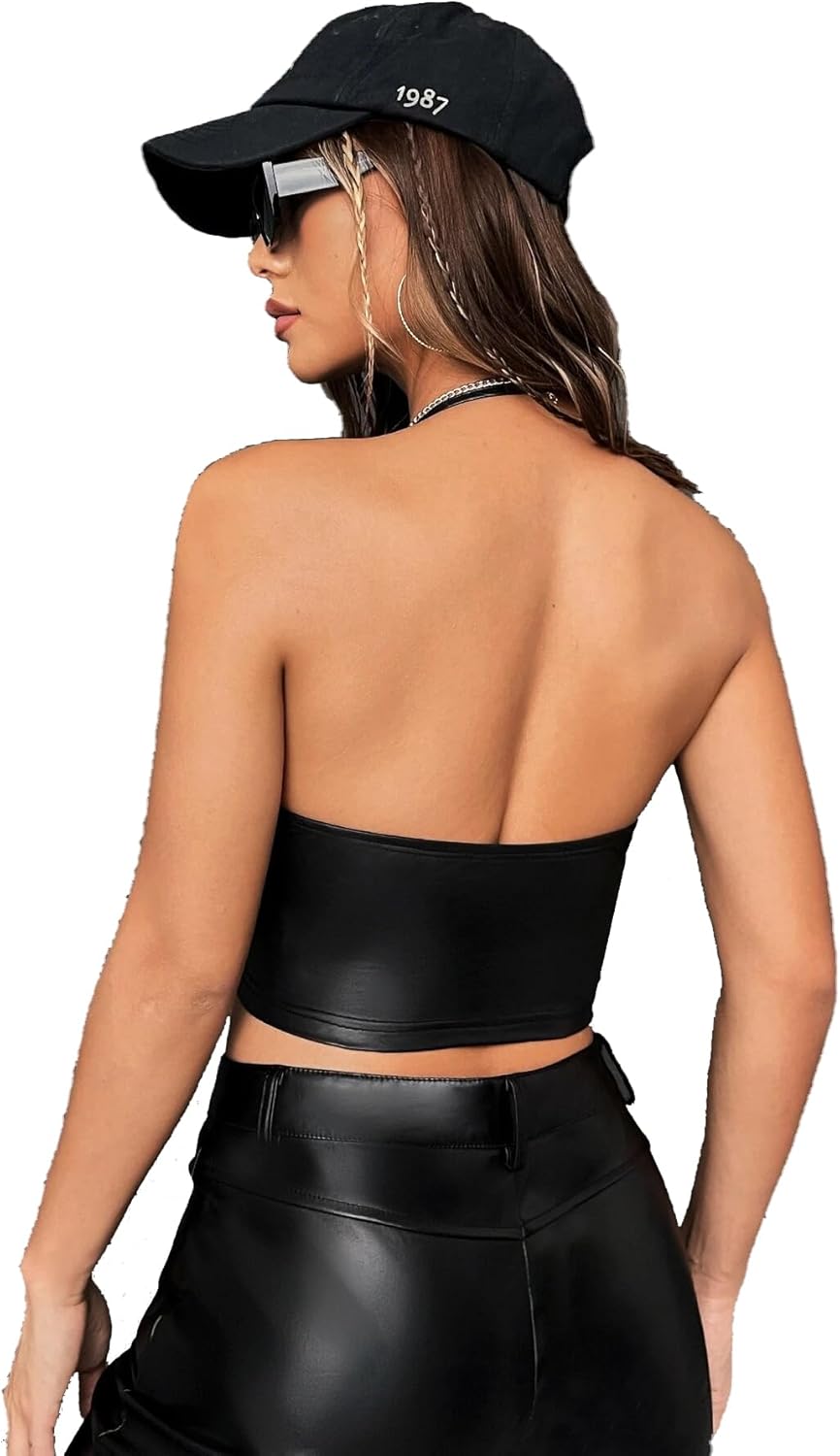 Women's Faux Vinyl PVC Leather Camisole V Neck Sleeveless Micro Vest Crop Bustier Top - Image 3