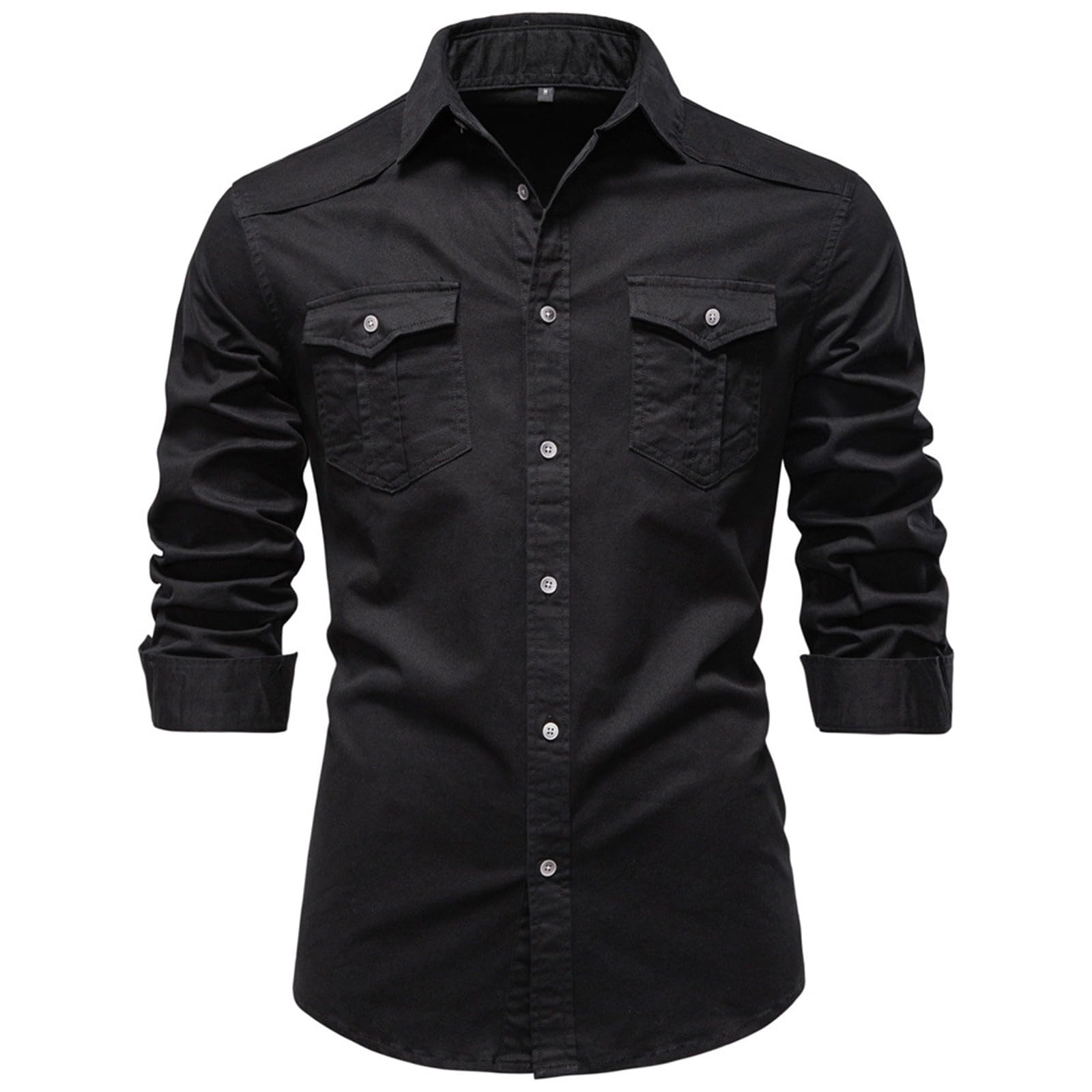 Camisa Casual de Hombre, Corte Ajustado, Manga Larga, Abotonada, de Mezclilla Lavada desgastada con Bolsillos en el Pecho.