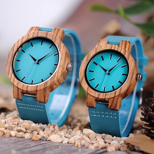 Miniatura 9 de BOBO BIRD Reloj de madera de bambú para hombre y mujer con correa de piel de vacuno azul relojes casuales para amor con caja