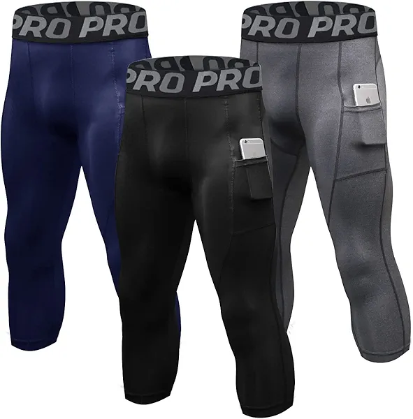 3 Pack Mens 3/4 Compression Pants Running Football Tights with Pockets Workout Active Leggings Sports Yoga Gym Baselayer