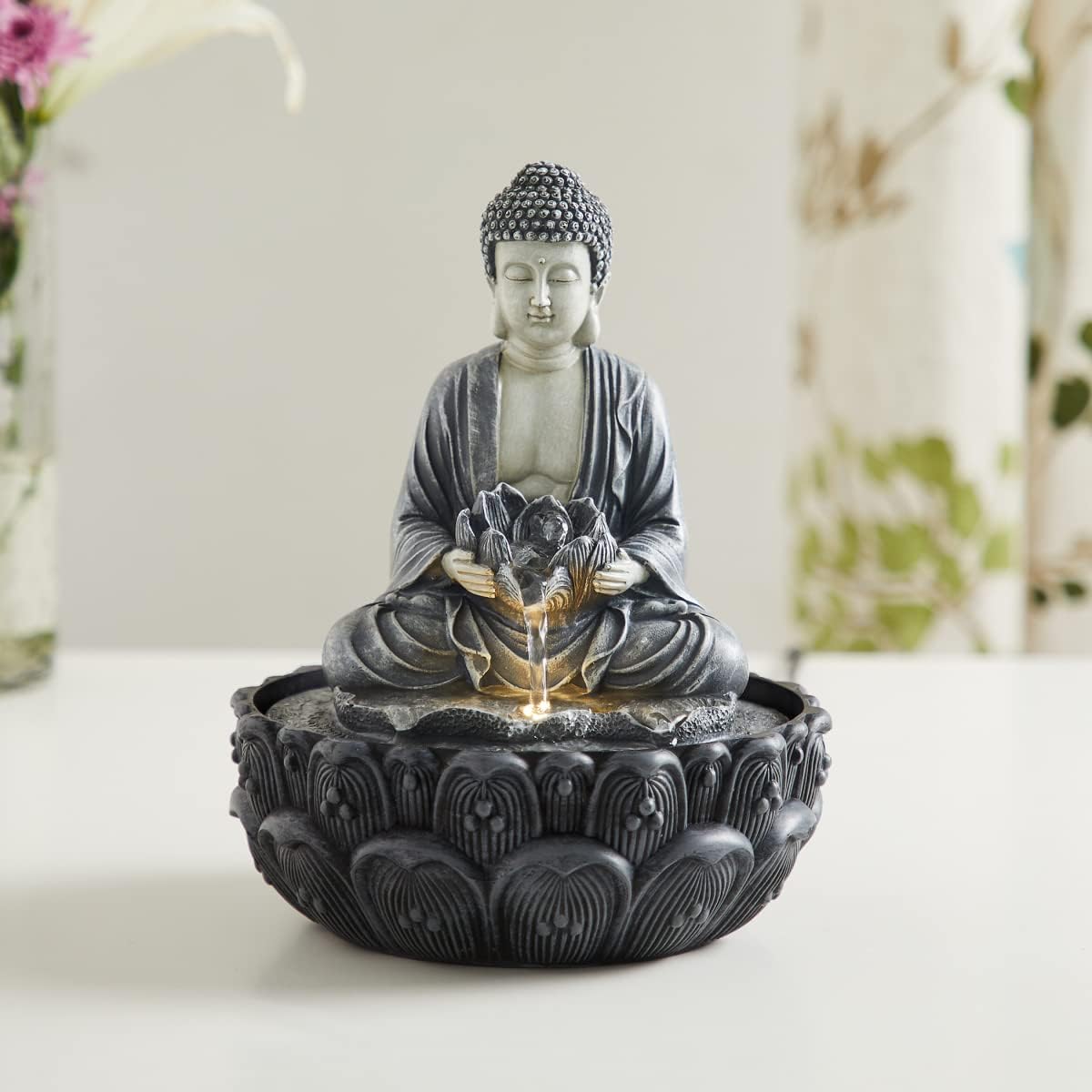 Alpine Polyresin Buddha and Lotus Water Fountain - 20x20x25cm