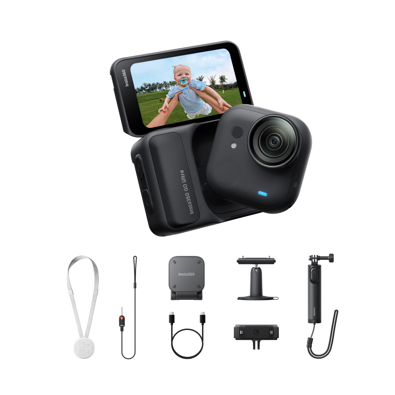 Insta360 GO Ultra Paquete de creador Negro Medianoche - Pequeña cámara 4K Manos Libres, Ligera y Portable, Excelencia con Poca luz, Montaje polivalente, FlowState, 200 min de batería, Impermeable 10m