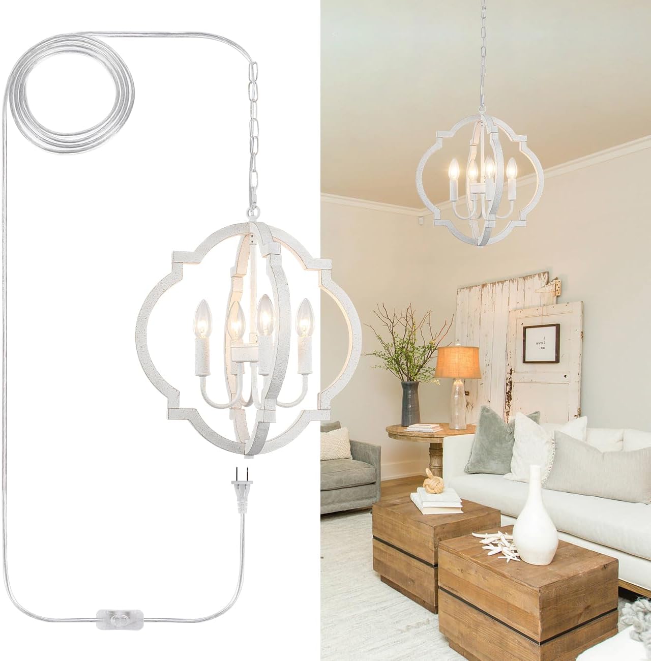 LASENCHOO Plug in White Farmhouse Chandelier Lighting with Long Cord, 4-Light Hanging Light Fixture Plug in Pendant Light for Ceiling, Wood Rustic Geometric Chandeliers for Dining Room Gazebo Outdoor