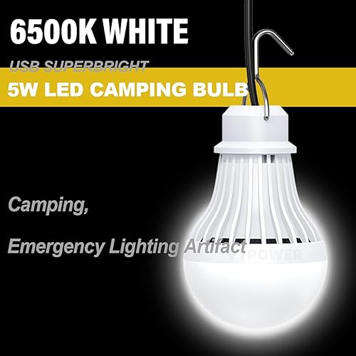Miniatura 4 de Paquete de 4 linternas LED USB para campamento, 8.2 pies de longitud extra con cable USB Y, bombilla LED portátil para garaje, almacén, automóvil