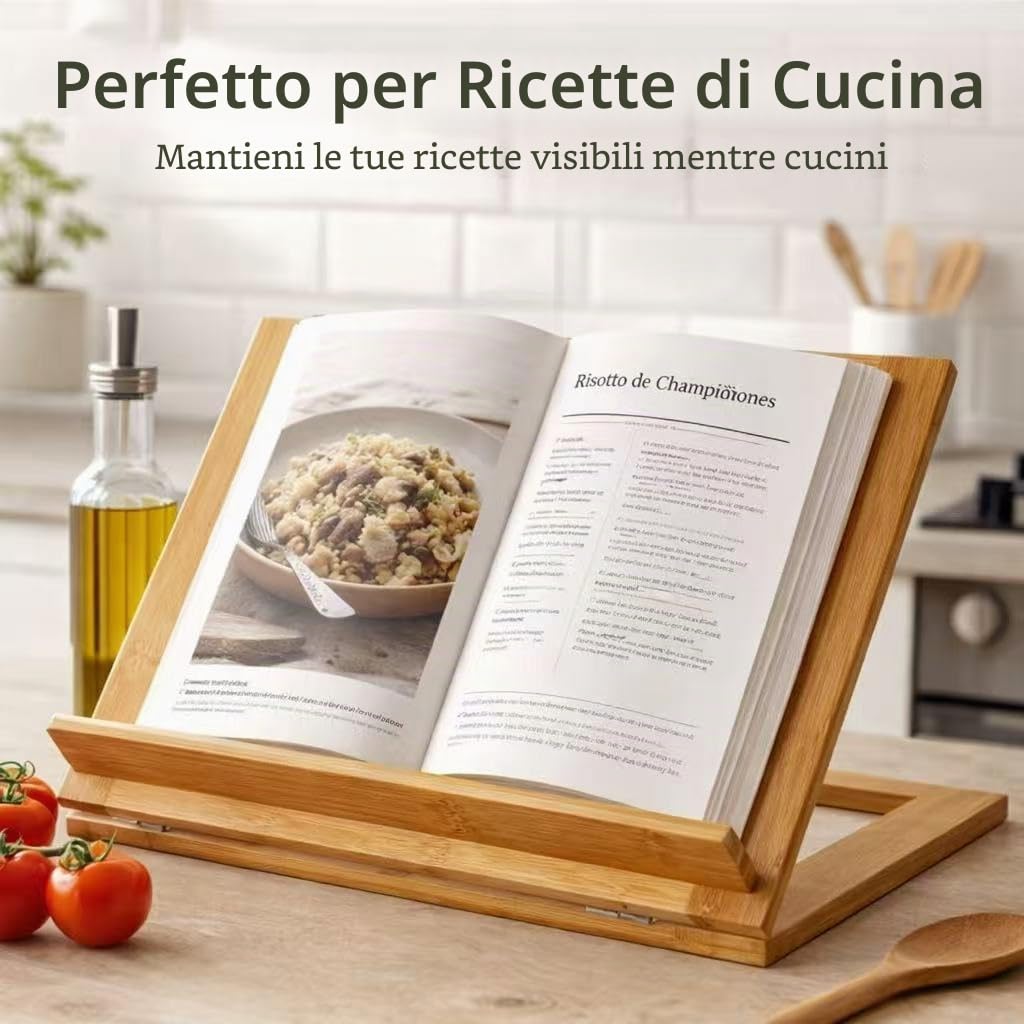 DAMDAM GO | Supporto di lettura regolabile legno Leggio regolabile in bambù naturale – Supporto per libri, ricette di cucina, tablet e iPad – Leggio pieghevole con 5 angoli regolabili