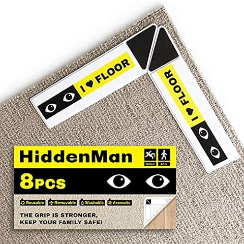 Rug Grippers Tape HiddenMan - 8 Pcs Anti Curling Carpet Gripper Rug Pad Non-Slip Washable Removable and Reusable Pads for Rugs, Tile Floors, Carpets, Floor Mats - HiddenMan Keep Your Family Safe Cover