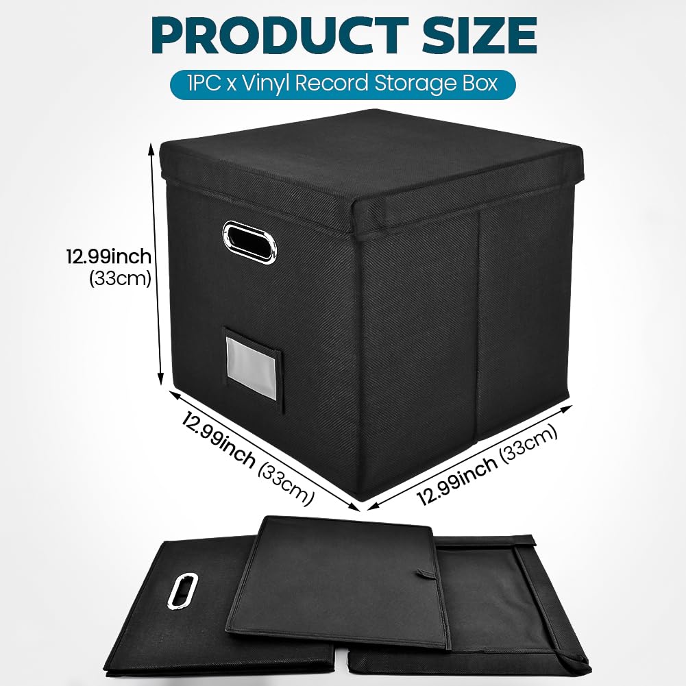 Caja de almacenamiento de discos de vinilo, 12.99 x 12.99 x 12.99 pulgadas, almacenamiento de álbumes para discos de vinilo, cubo decorativo de lino con tapa, apilable y plegable (color: negro)