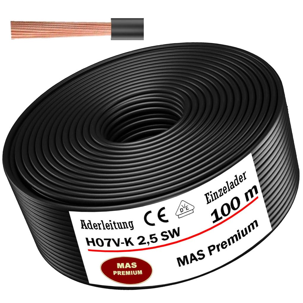 MAS-Premium Cable eléctrico H07 V-K 1 x 2,5 mm², negro, cable individual, flexible, de 5 a 100 m (100 m)