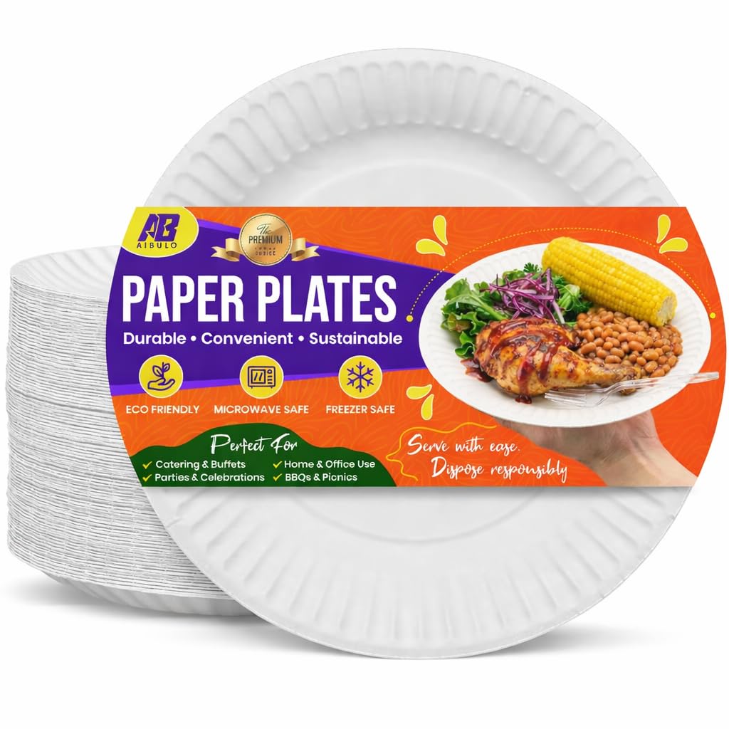 AIBULO Eco-Friendly 9-Inch Paper Plates 500 Pcs 23cm - Durable, Disposable, and Perfect for Parties, Events, and Catering - Enhance Every Celebration with Ease and Elegance!