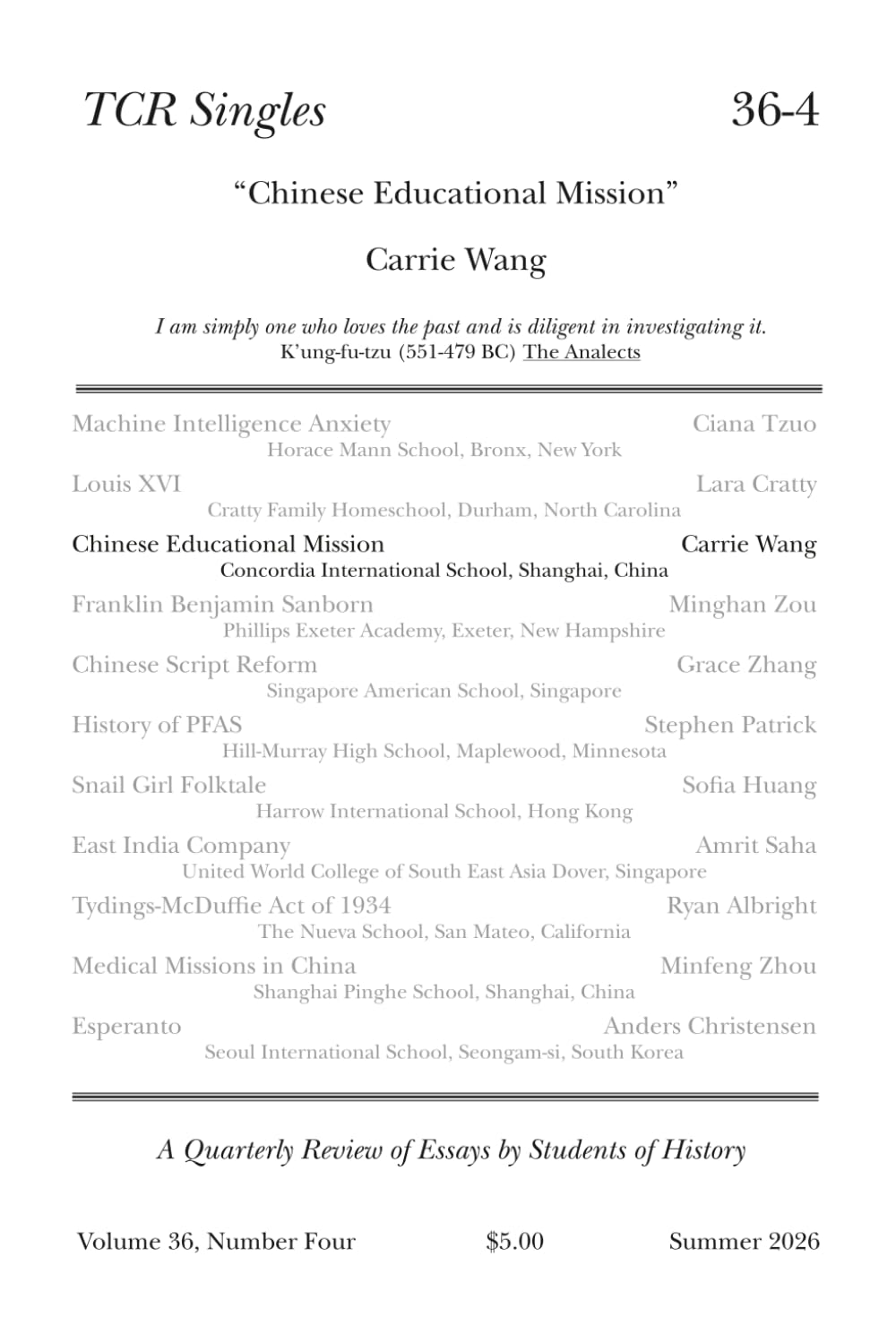 TCR Singles 36-4 Chinese Educational Mission