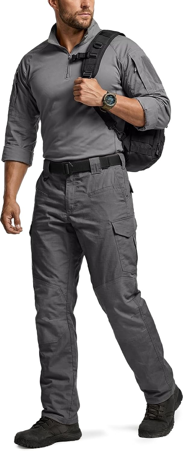 CQR Men's Flex Ripstop Tactical Pants, Water Resistant Stretch Cargo Pants, Lightweight EDC Hiking Work Pants