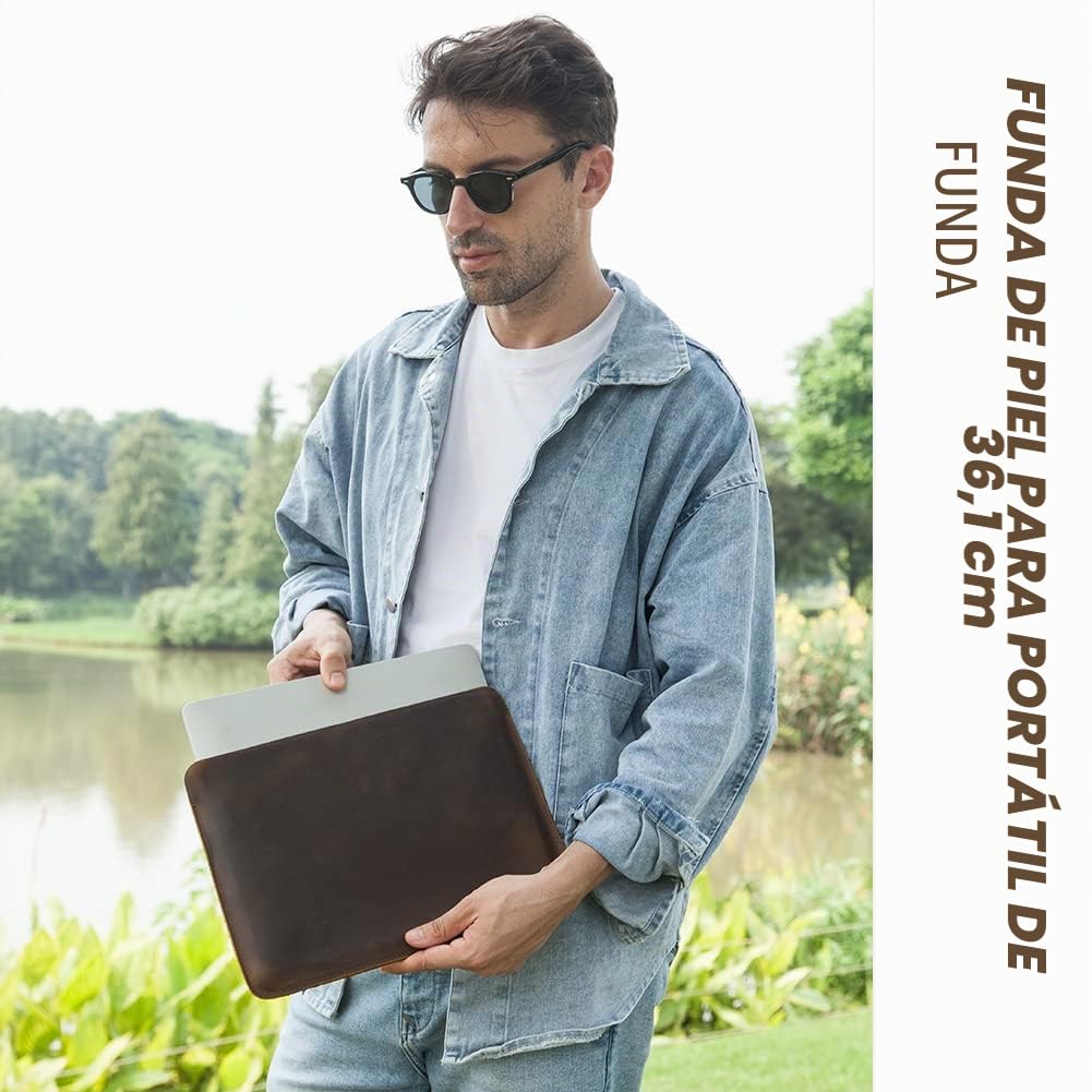 CONTACT'S FAMILY Funda de piel para laptop MacBook Pro de 14 pulgadas, funda protectora delgada compatible con MacBook Pro de 14.2 pulgadas (versión horizontal) (café)
