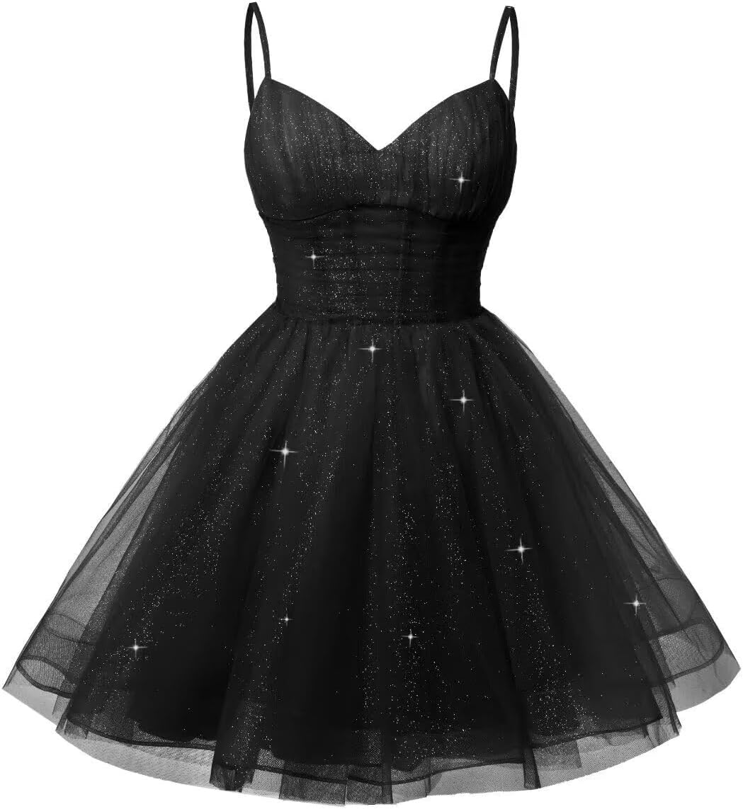 Spaghetti Tulle Short Homecoming Dresses for Teens, Sequined V Neck Cocktail Party Dresses Corset Gowns for Women