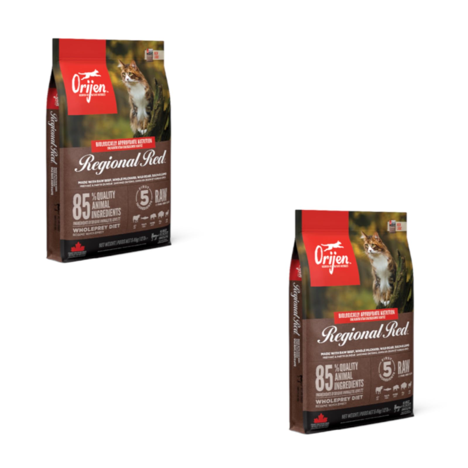 Orijen Cat Regional Red | Podwójne opakowanie | 2 x 340 g | Kompletna karma dla dorosłych kotów | 85% wysokiej jakości składników zwierzęcych | Liofilizowana wątrobą