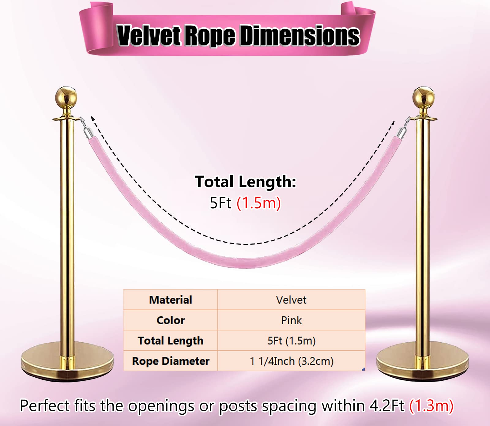 Hrokz 5 Ft Velvet Stanchion Ropes Pink, 4 Pack Crowd Control Rope Safety Queue Barrier with Silver Hook, VIP Rope for Party Events Decor