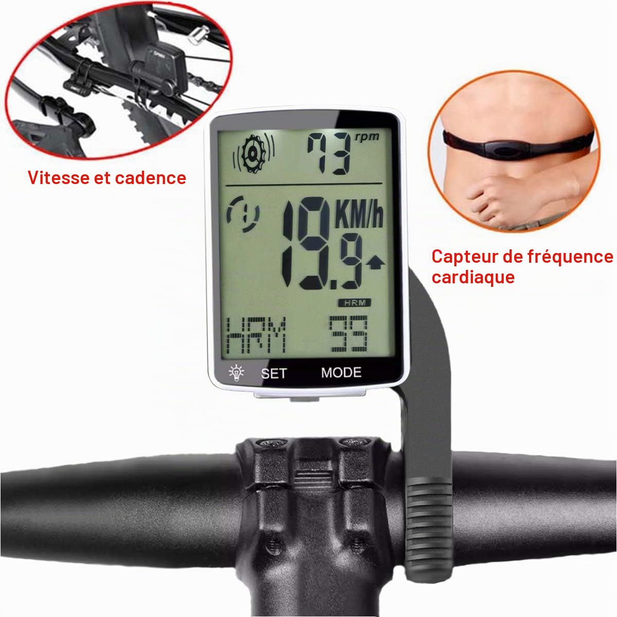 Compteur Velo sans Fil， Cardiofréquencemètre avec Compteur Velo et pédalier 3 - en - 1, 2,8 "LCD Clignotant vélo, boîtier Blanc avec rétroéclairage Blanc