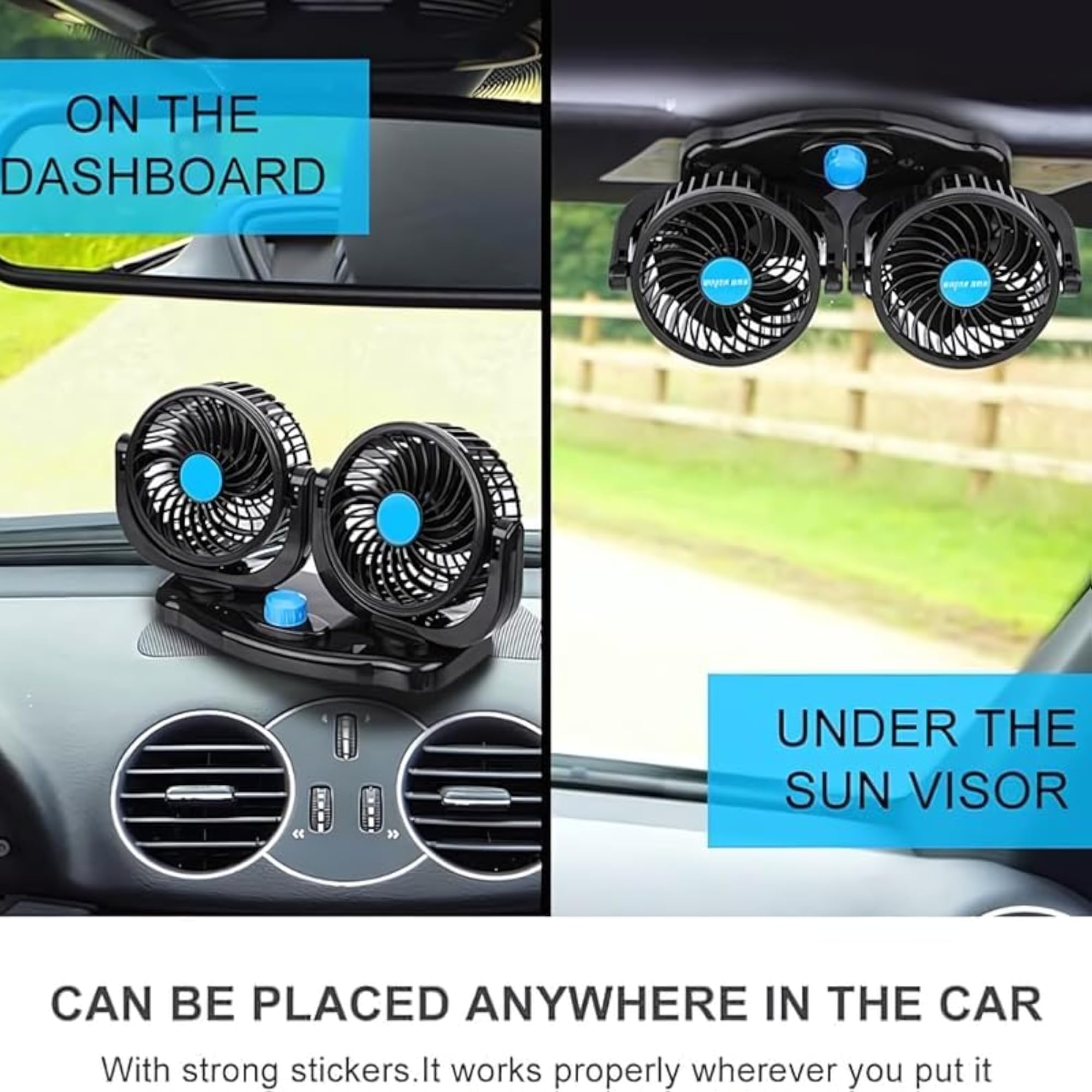 Double Head Cooling Electric Fan for Car Dashboard, 360 Degree Rotatable