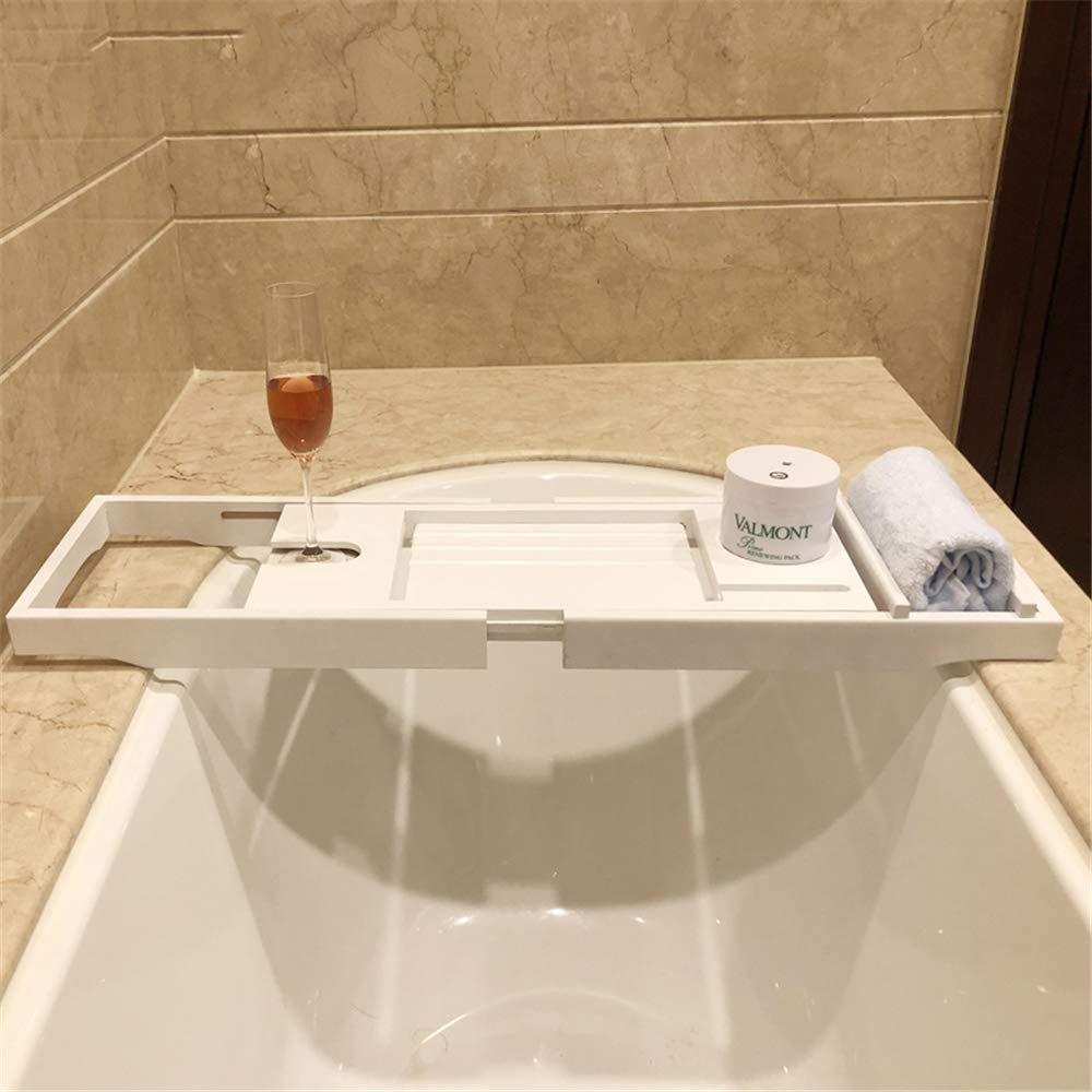 JKJZSALJ Bamboo Bath Caddy Tray With Wine Glass Holder & Device Slot Adjustable Size To Fit Most Bathtubs-White