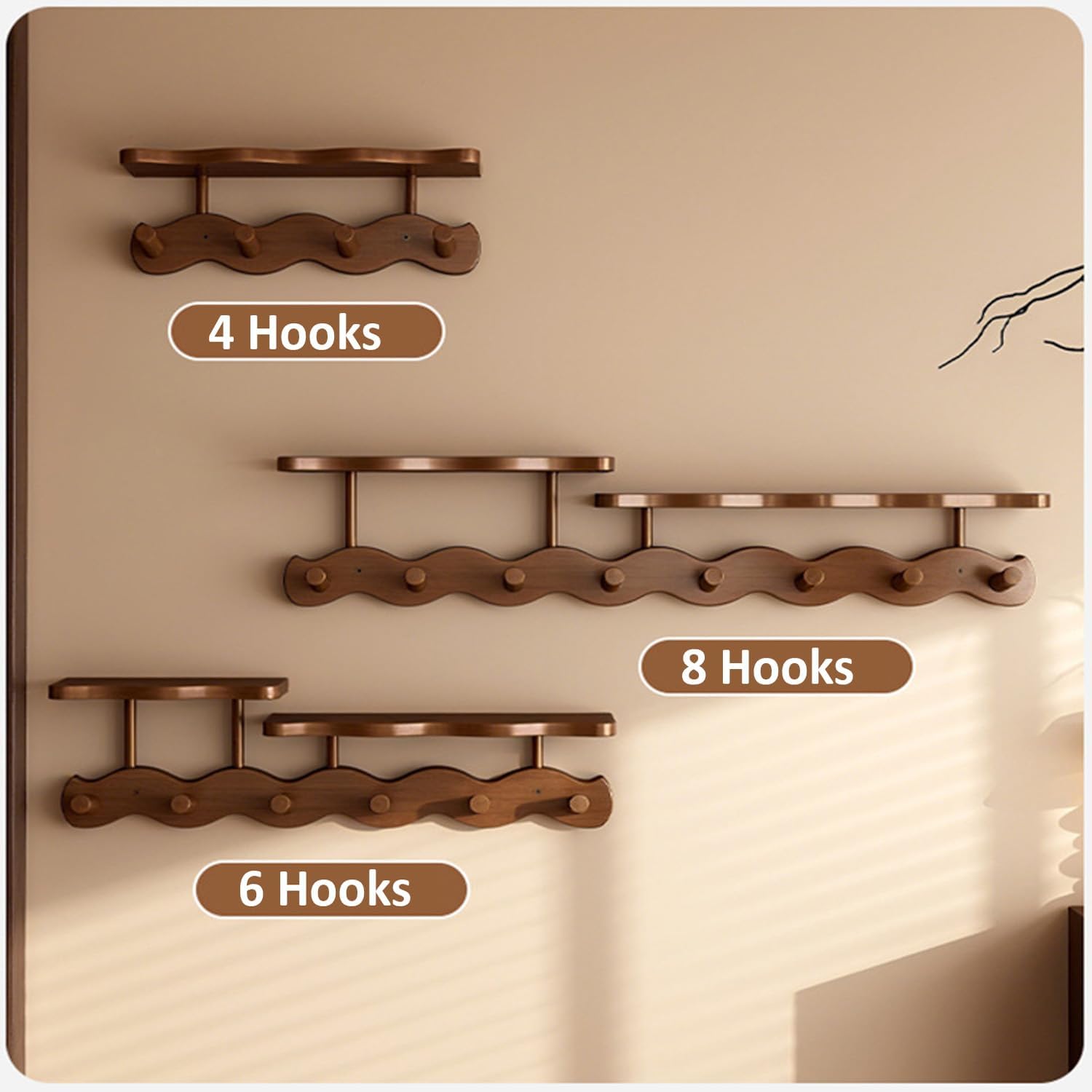Wall-Mounted Coat Rack with Shelf, Bamboo Coat Hanger with 4/6/8 Sturdy Hooks, Wave Shaped Hanging Shelf with Drill-Mounted Design for Hanging Clothes, Hats, Towels, Bags, and Robes