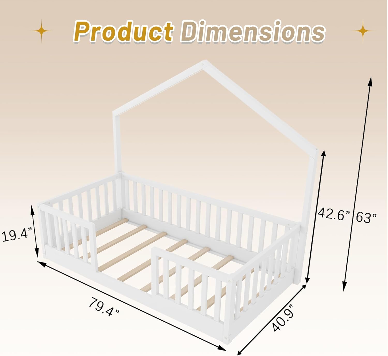 Twin Size House Bed for Kids, Low Profile Montessori Bed Twin with High Railings, Wood House Shape Montessori Beds with Light & Roof for Kids, White