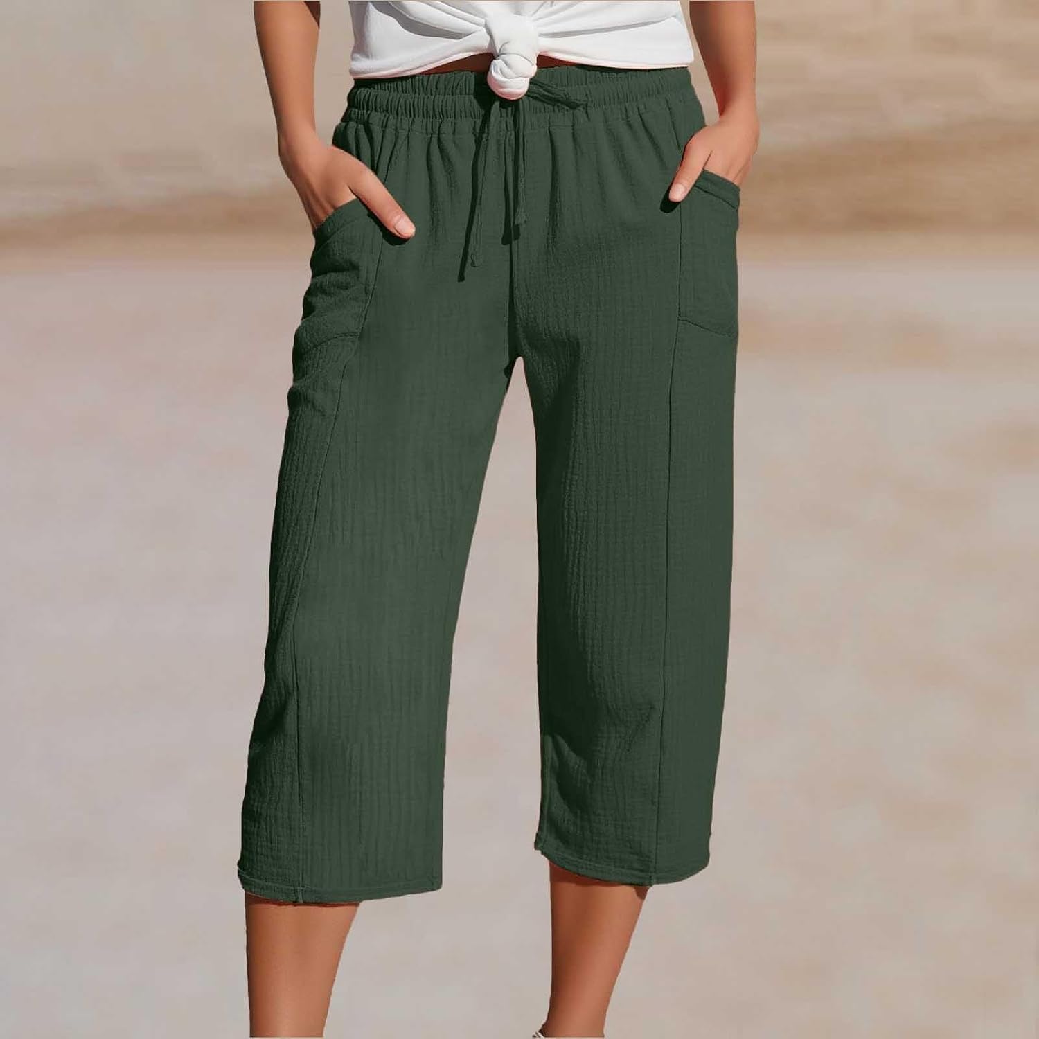Capri Pants for Women, Summer Elastic Waist Straight Leg Capris with Pockets, Loose Drawstring Cropped Trousers