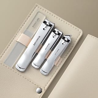 4 Pcs Nail Clippers Manicure Set, Nail Clipper & Toenail Clippers & Oblique Nail Cutter & Glass Nail File, 4in1 Nail Clippers Set for Women and Men, Nail Care Kit with Exquisite Leather Case Silver