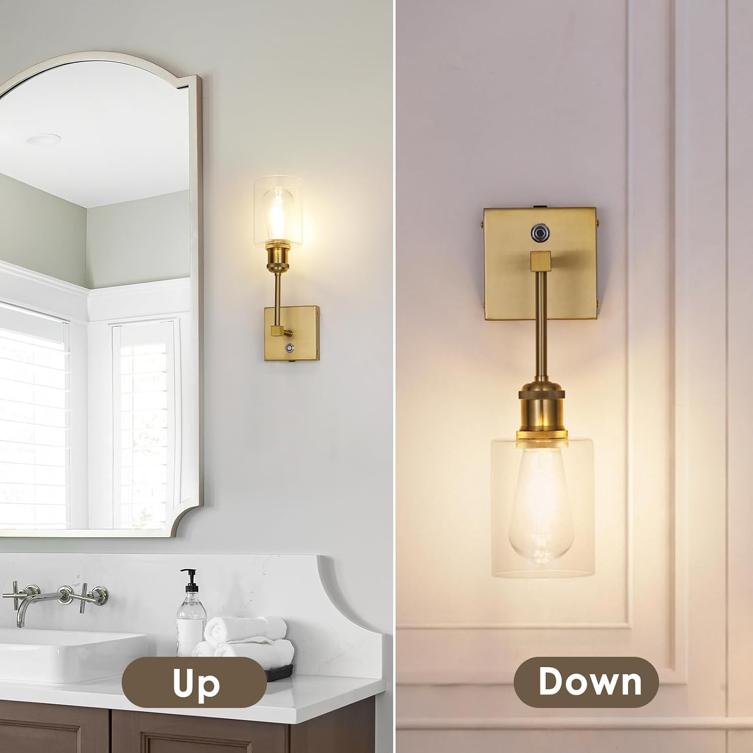 Neoglint Battery Operated Wall Sconces Set of 2, 5000mAh Rechargeable Wireless Wall Lights, Satin Brass Gold with Glass Shade, Dimmable Touch Control Non-Hardwired Lamps for Bedroom Living Room