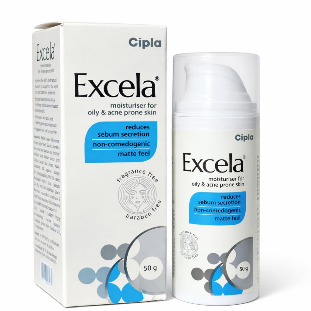 Excela Moisturiser for Oily & Acne Prone Skin, Reduces Sebum Secretion, Non-Comedogenic, Matte Feel, Fragrance Free, Paraben Free, 50g By GROW KEY