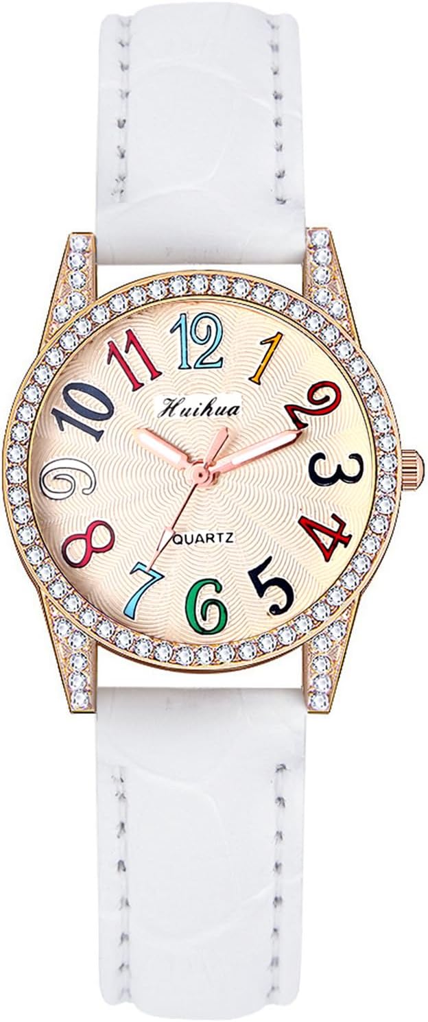 JewelryWe Watches Women's Leather Diamond Glitter Rhinestone Analogue Quartz Wrist Watch Women Girls Leather Strap Watch with Rainbow Colorful Large Arabic Numbers Dial