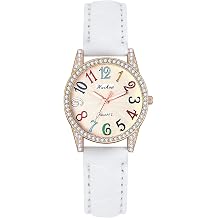JewelryWe Women Rainbow Leather Wristwatch Rhinestones Colorful Round Dial Analog Quartz Casual Bracelet Watch for Mothers Day