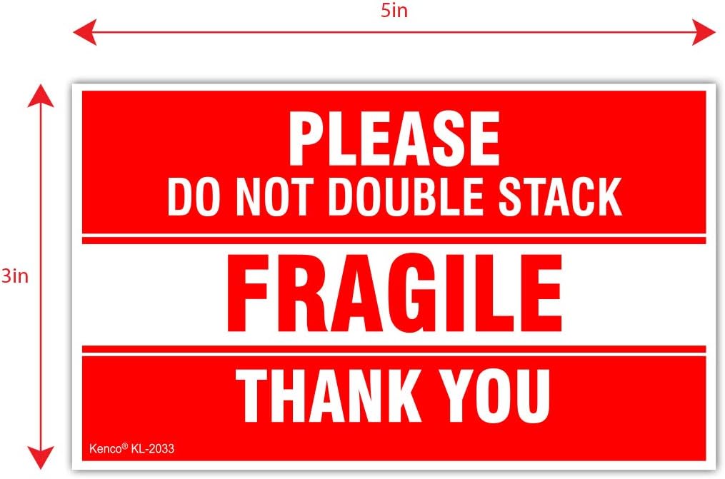 Kenco 3" X 5" Please Do Not Double Stack Fragile Thank You Stickers for Shipping and Packing - 500 Labels Per Roll (5 Pack)