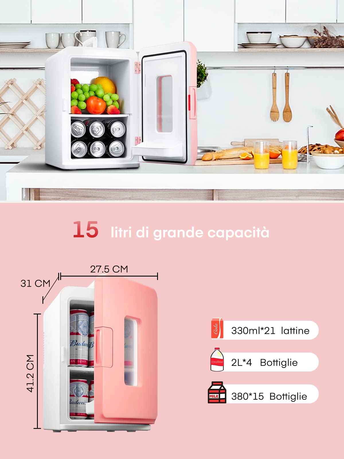 NORTHCLAN Mini Frigo da 15 Litri, Piccolo Frigorifero Portatile con funzione di raffreddamento e riscaldamento, per Casa, Camera da Letto, Ufficio e Viaggio, Modalità Max ed Ec, AC/DC, Rosa
