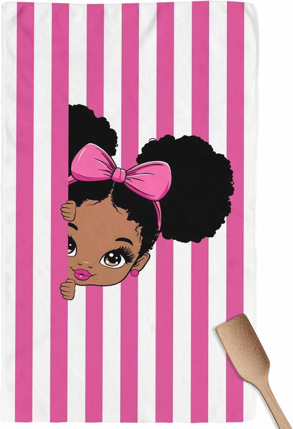 Kitchen Towels Pack of 1 African Black Girl Peeking Dish Drying Towels,Soft Absorbent Microfiber Cleaning Cloths Pink Bow White Stripe Quick Drying Hand Towels Set,18×28 inches