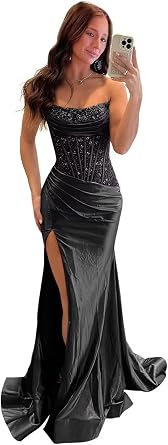 Sparkly Mermaid Prom Dresses for Women Satin Sequin Maxi Dress with Slit Strapless Formal Evening Party Gown