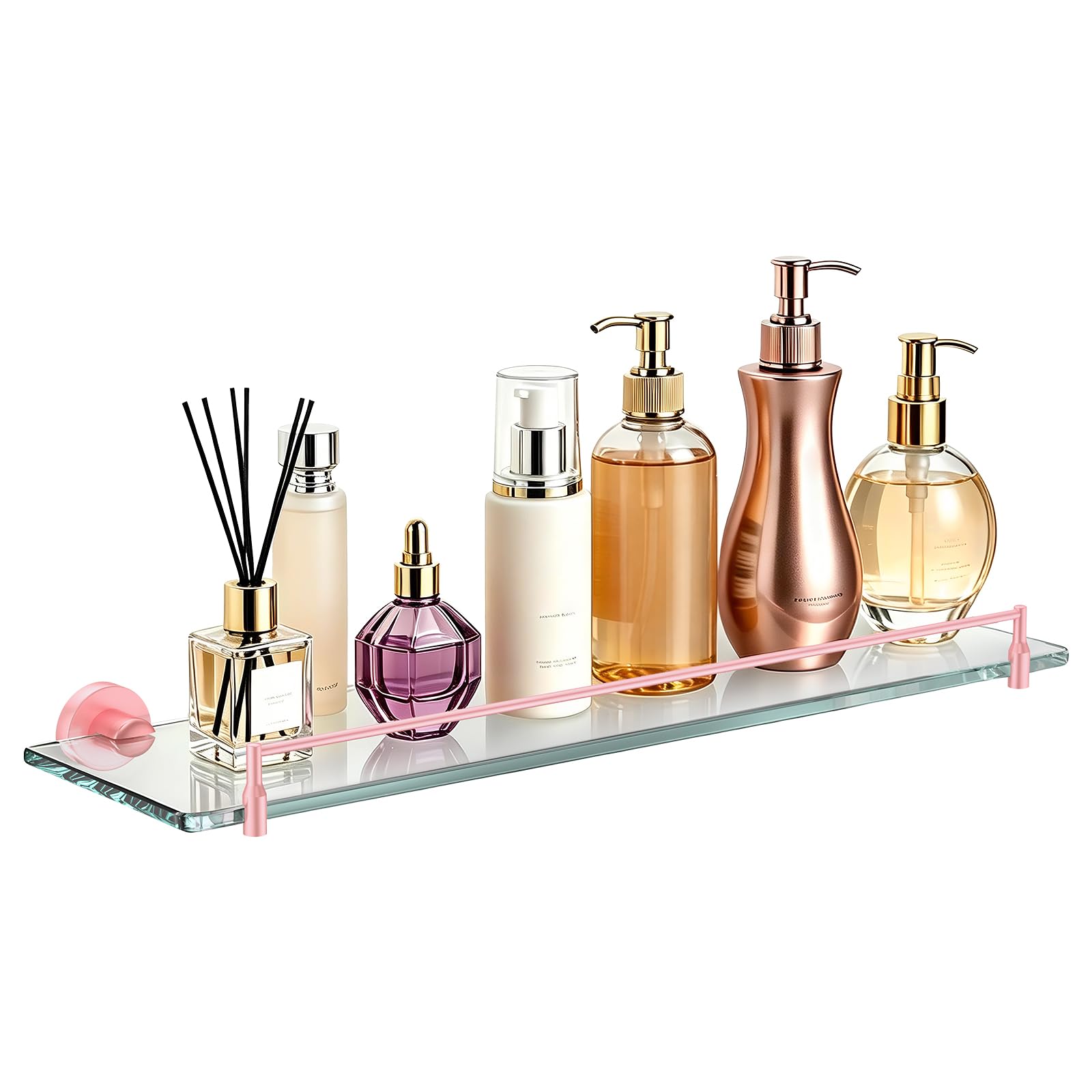 20-Inch Pink Glass Bathroom Shelf with Stainless Steel Railing