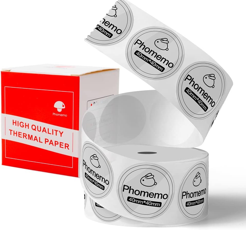 Phomemo M110 Transparent Labels Multi-Purpose Self-Adhesive Round Thermal Label for M110/M221/M220/M200/M150/M120 Label Printer,40x40mm,180 Labels/Roll, Label for Small Business, Home, Office