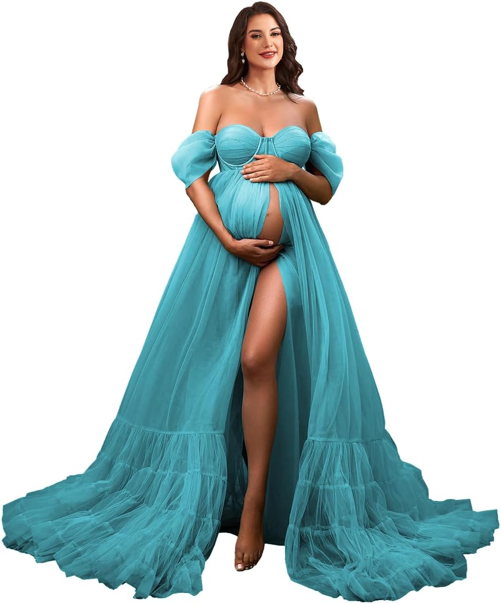 Tulle Long Maternity Dress for Photoshoot Off Shoulder Photography Pregnancy Gowns with Slit