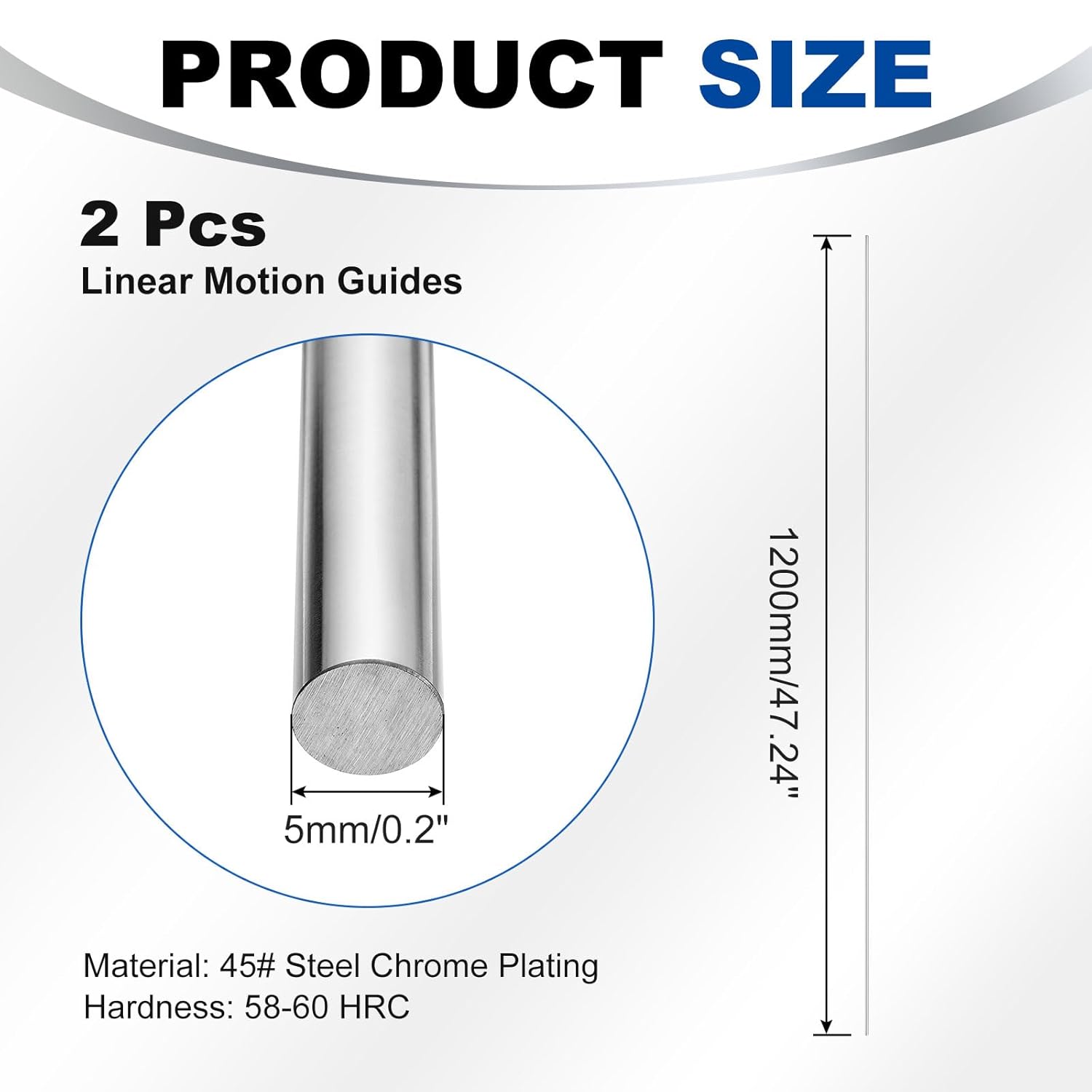MECCANIXITY Linear Motion Rods, 2Pcs 5mm x 1200mm(0.2" x 47.24") Solid Case Hardened Chrome Plated Linear Rail Rod Shaft Guide for CNC DIY Crafts 3D Printer Model Car Airplane 5mm x 1200mm 1